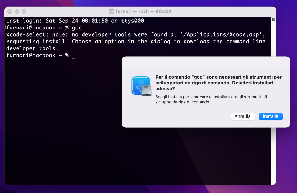Richiesta di installazione command line tools